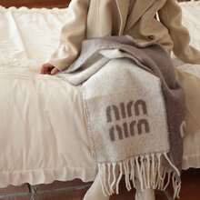 Bufanda de ocio de lana mezclada de dos colores con patrón de letras - chal de punto jacquard grueso para otoño e invierno, lavable a mano, dr - Negro - Ver 5