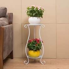 Iron Metal Indoor Plant Stand, 2-Tier Decorative Flower Pot Holder, Modern Home Garden Display Shelf Bracket For Living Room, Balcony, Entryway - White - View 3