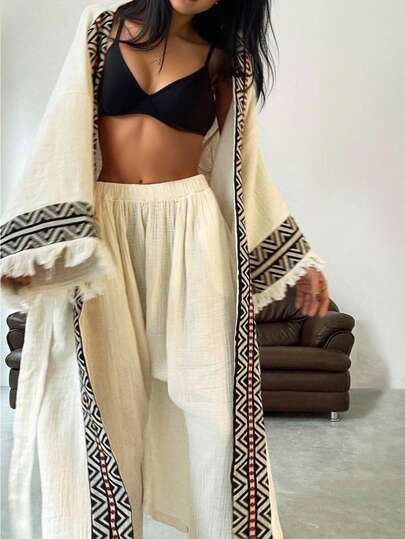 Geo Print Fringe Trim Open Front Coat & Pants