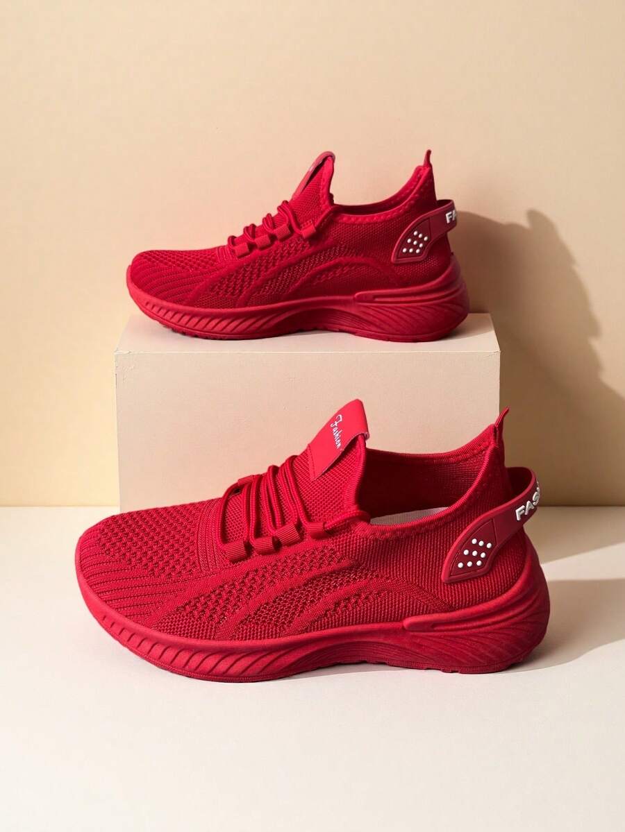 2025 Women's Breathable Solid Color Canvas Sneakers - Red Casual Lace-Up Sneakers, Lightweight TPR Sole, Comfortable Fabric Upper, Suitable For All-Day Wear. - 紅色 - 查看 1