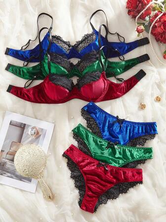 3 Pieces Set, Women's Sexy Autumn And Winter Underwear, Comfortable And Close-Fitting Korean Velvet Bra Set Bra Briefs Lace Stitching Sexy Lace,Sexy Lingerie