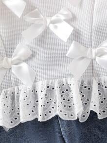 Baby Girl 2Pcs Set Soft Casual White Long Sleeve Top With Multiple 3D Bow Decor & Lace Trim Plus Jeans Pants With Embroidered Butterflies And Elastic Waist
