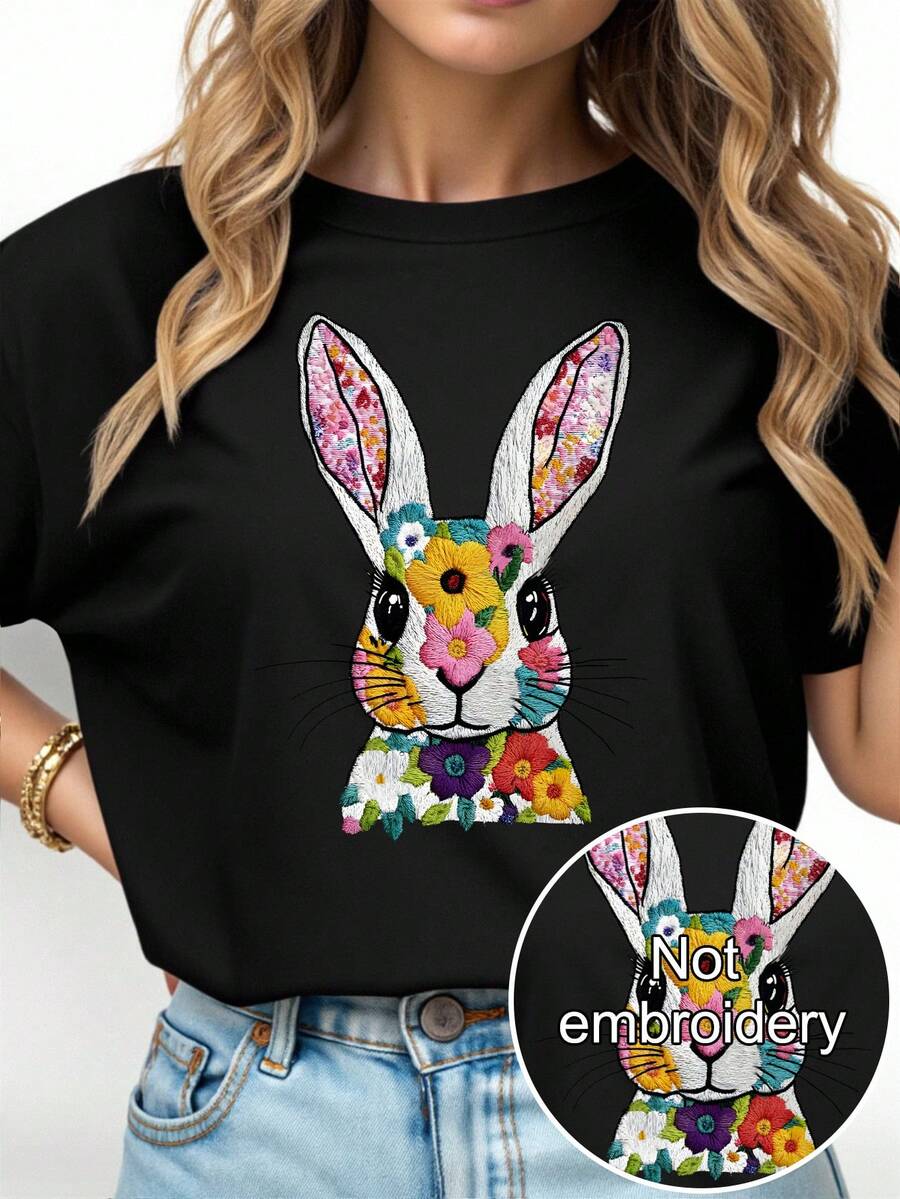 Blusa casual y versátil con estampados de conejo, flores y bordados - Tela suave, elástica y cómoda, negra para el verano - Negro - Ver 1