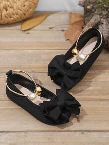 1 par de bailarinas de ballet de terciopelo suave negro con PU para niñas pequeñas, decoradas con lazo y perla, punta redonda, de fácil puesta, zapatos casuales de princesa adecuados para niñas de 3 a 12 años, para uso diario, escuela y fiesta, en otoño