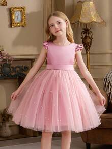 少女粉色短袖薄纱手工串珠蝴蝶结圣诞派对优雅礼服，公主裙，适合女孩生日派对、宴会、舞会、花童婚礼、感恩节、毕业典礼等场合。 - 粉色 - 查看 2