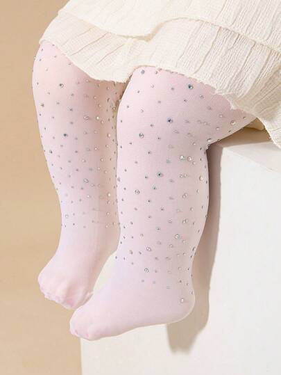 1pc Girls' Lightweight Breathable Hollow Out Rhinestone Decorated Tights, Lolita Style Opaque Leggings, Skin-Friendly Soft Comfortable Fashion Casual Sports Snag-Resistant Mesh Stockings, Suitable For Daily Wear, Back To School, Holiday Gifts