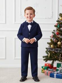 BOARNSEORL 3 件套年轻男孩绅士装，随机印花长袖衬衫带蝴蝶结，海军蓝西装外套和裤子，时尚适合生日派对、婚礼、周年纪念日和其他场合 - 藏蓝色 - 查看 9