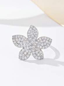 1 pieza Anillo abierto exagerado con zirconia incrustada en un diseño floral lujoso y de moda, adecuado como regalo para mujeres en bodas, fiestas, vacaciones, Día de San Valentín, Día de la Madre