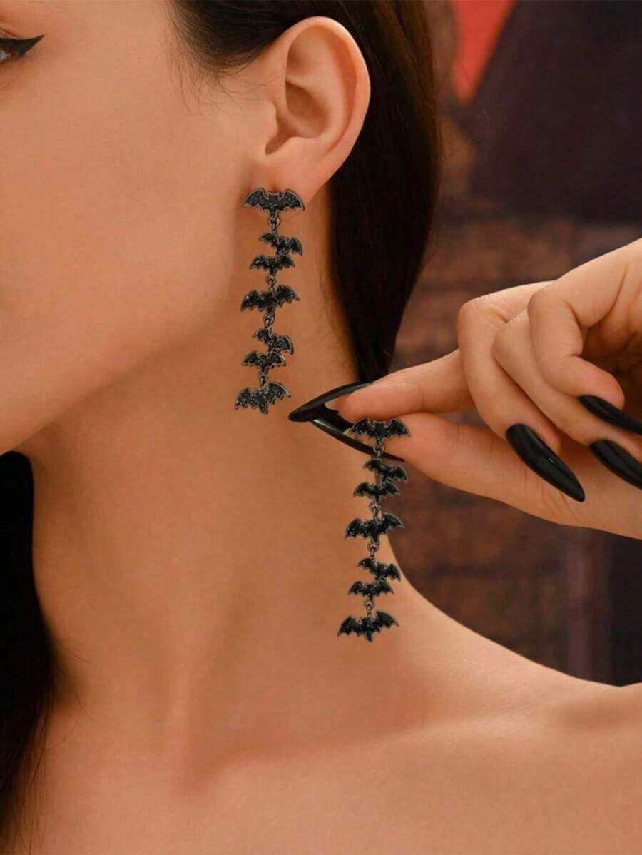 2pcs Unique Halloween Bat Drop Dangle Earrings - Women's Interesting Holiday Party Accessories, Perfect For Halloween Costume Styling - 黑色 - 查看 1
