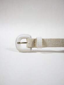 Women's Belt Straw Color Fabric Colorful Design Simple Covered Buckle For Everyday Wear - WHITE OFF - View 3