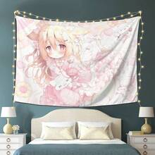 Cute Anime Cat Girl Tapestry Wall Hanging - Soft Peach Light Beige Polyester Fabric, Pink Floral Pastel Design, Horizontal Home Decor For Bedroom, Living Room, Dorm - Perfect Gift For Anime Fans & Friends, Anime Room Decor, Whimsical Design, Highquality Print, Kawaii Lovers, Durable Material, College Students - 彩色 - 查看 2
