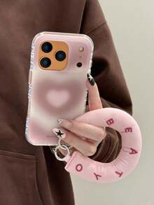 Cute Korean-Style Love Design Pink Smartphone Case With Donut Strap, Compatible With IPhone 17, Pro Max, 17, 16 Pro, 15, 14, And 14 Pro Max. Shockproof, Drop-Resistant, And Scratch-Resistant Protective Cover. Sweet Girl Design. - Pink - View 2