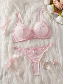 Pink Lace & Mesh Patchwork Thin Padded Underwire Sexy Lingerie Set For Women