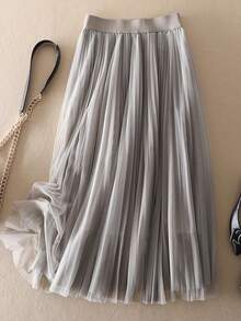 LuminousWealth Women's Elegant Pleated Mesh A-Line Skirt, Suitable For Casual Or Office Wear, Minimalist & Graceful | Polyester Mesh Skirt, Suitable For All Seasons, Great For Christmas & New Year - 灰茶色 - 查看 7