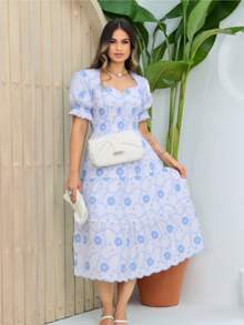 Elegant Midi Dress With Heart-Shaped Lace Embroidery, Flowers, All-Over Print, Ruffle Hem, Knot, Fashion, Daily, Elegant And Casual, All - 白色/藍色 3D - 查看 2