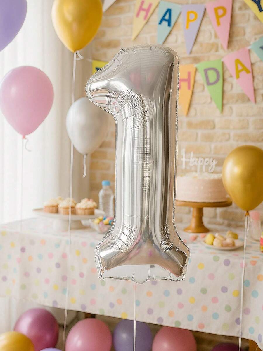 MEGA Globo Metálico Gigante 'UNO' Número 1 (32 Pulgadas / 81 cm) para Fiestas - Plateado - Ver 1