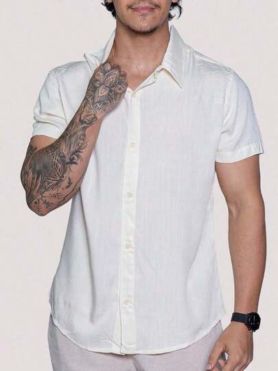 Camisa de Linho Manga curta Social Verão Fresca Gola Italiana Elegante em Visco-Linho