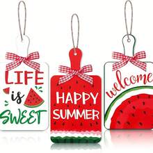 Watermelon Theme Wooden Hanging Decoration Summer Party Fruit Watermelon Hanging Sign Wooden Crafts Kitchen Decorations - 西瓜辣椒木掛牌3款一套 - 查看 2
