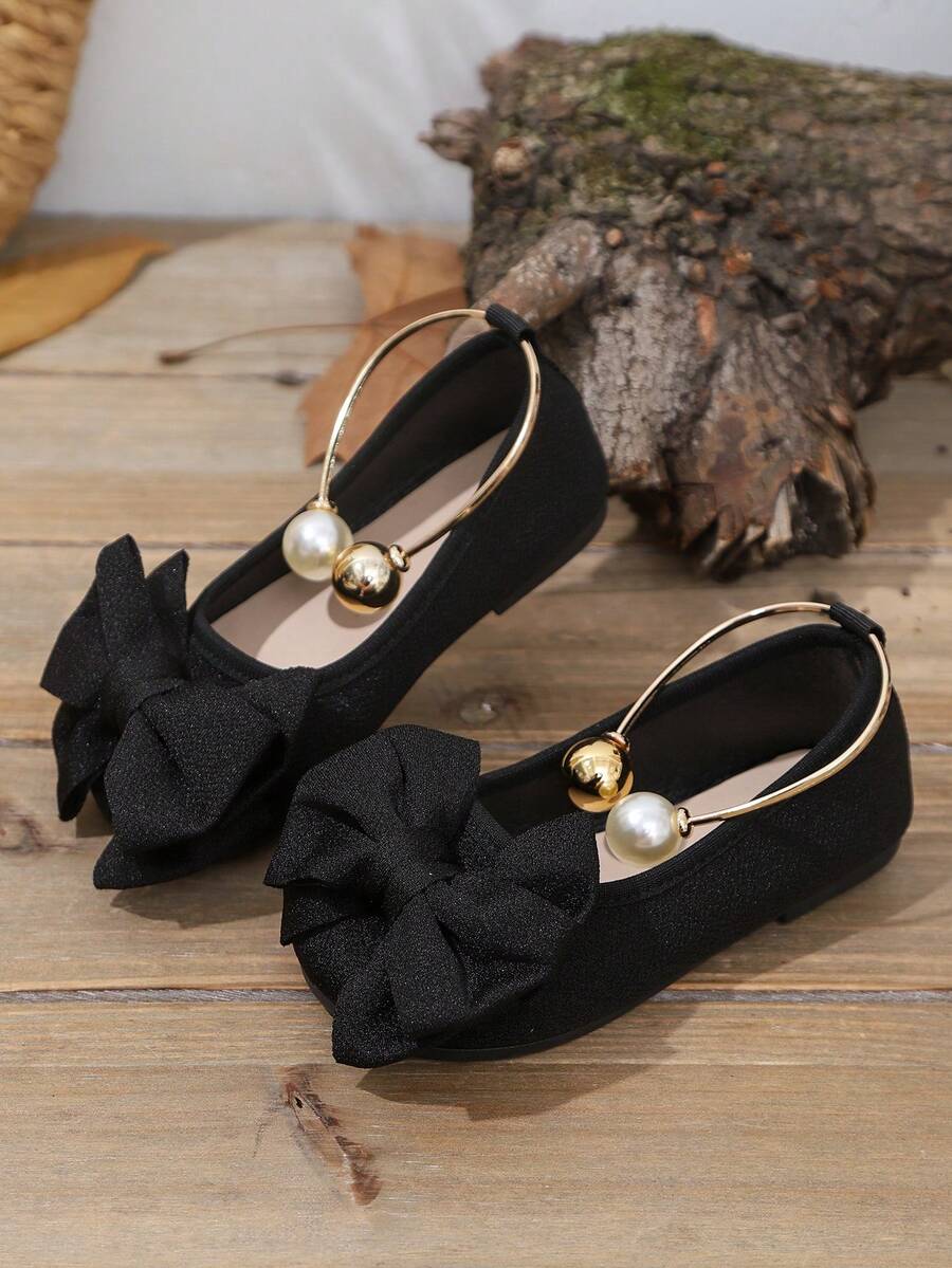 1 par de bailarinas de ballet de terciopelo suave negro con PU para niñas pequeñas, decoradas con lazo y perla, punta redonda, de fácil puesta, zapatos casuales de princesa adecuados para niñas de 3 a 12 años, para uso diario, escuela y fiesta, en otoño