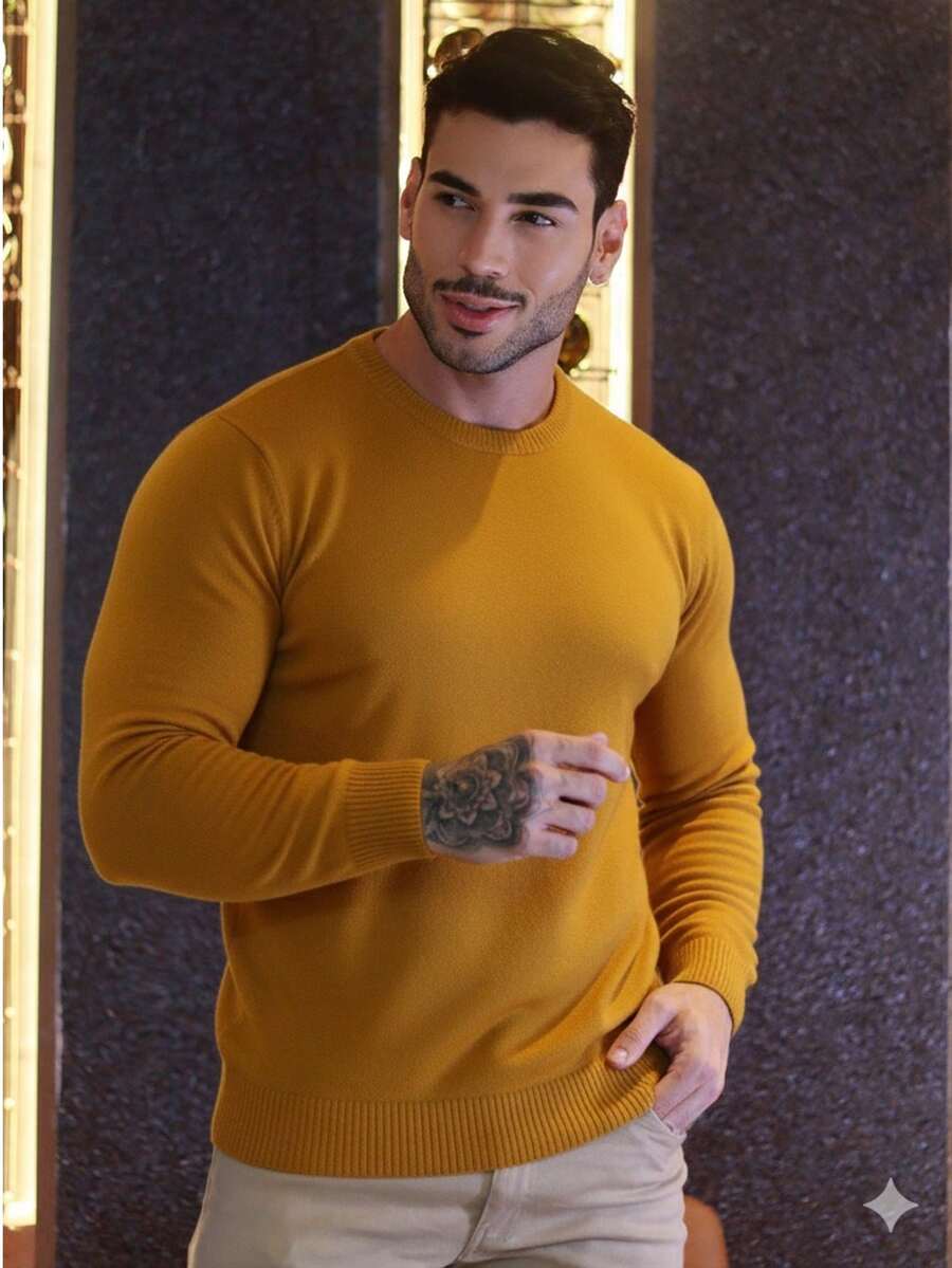 TRICOT DE LUXO Men's Basic Knitted Sweater, Quality Pullover, Autumn Winter, Father's Day - 芥末黃 - 查看 1