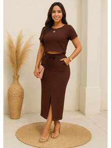 Cropped Top And Bubbler Skirt Set - BROWN - View 2