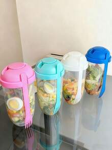 1 كوب سلطة مع أغطية وشوكة، وعاء رج السلطة الطازجة لوجبة الغداء، كوب تتبيلة الطعام الصحي للإفطار المحمول للخضروات والفواكه