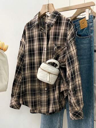 Women's Loose Plaid Print Pocket Front Button Long Sleeve Shirt