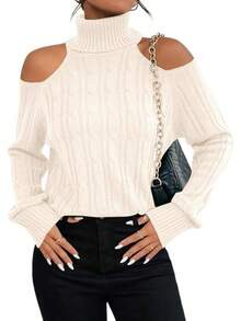 Womens Cold Shoulder Turtleneck Sweaters Fall Long Sleeve Soft Knit Pullovers Jumper Tops - Beige - 查看 7