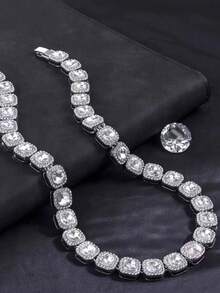 Set de 2 accesorios de hip hop y rap para hombres, con diamante cuadrado, enchapado en oro/plata con rhinestones, collar y pulsera, accesorios para boda, fiesta y uso diario - Conjunto de dos piezas de collar - Ver 7