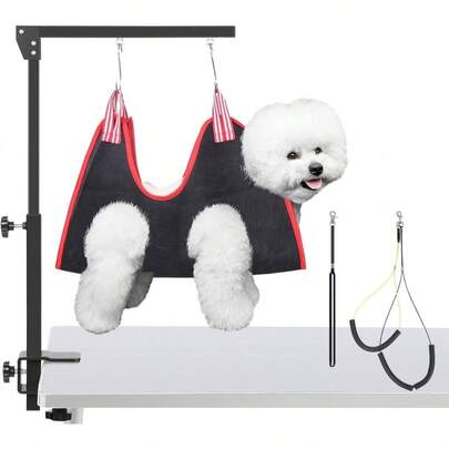 Dog Grooming Arm With Clamp, Adjustable Dog Grooming Table Arm With Two No Sit Haunch Holder Hammock Harness, Foldable Pet Grooming Supplies Small Med