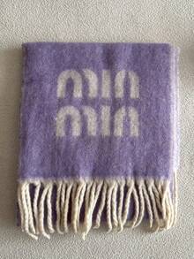 Bufanda de ocio de lana mezclada de dos colores con patrón de letras - chal de punto jacquard grueso para otoño e invierno, lavable a mano, dr - Negro - Ver 9