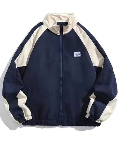 Chaqueta con cuello de color block estilo retro para hombres, ropa exterior casual de estilo universitario, chaqueta bomber minimalista y esencial, otoño