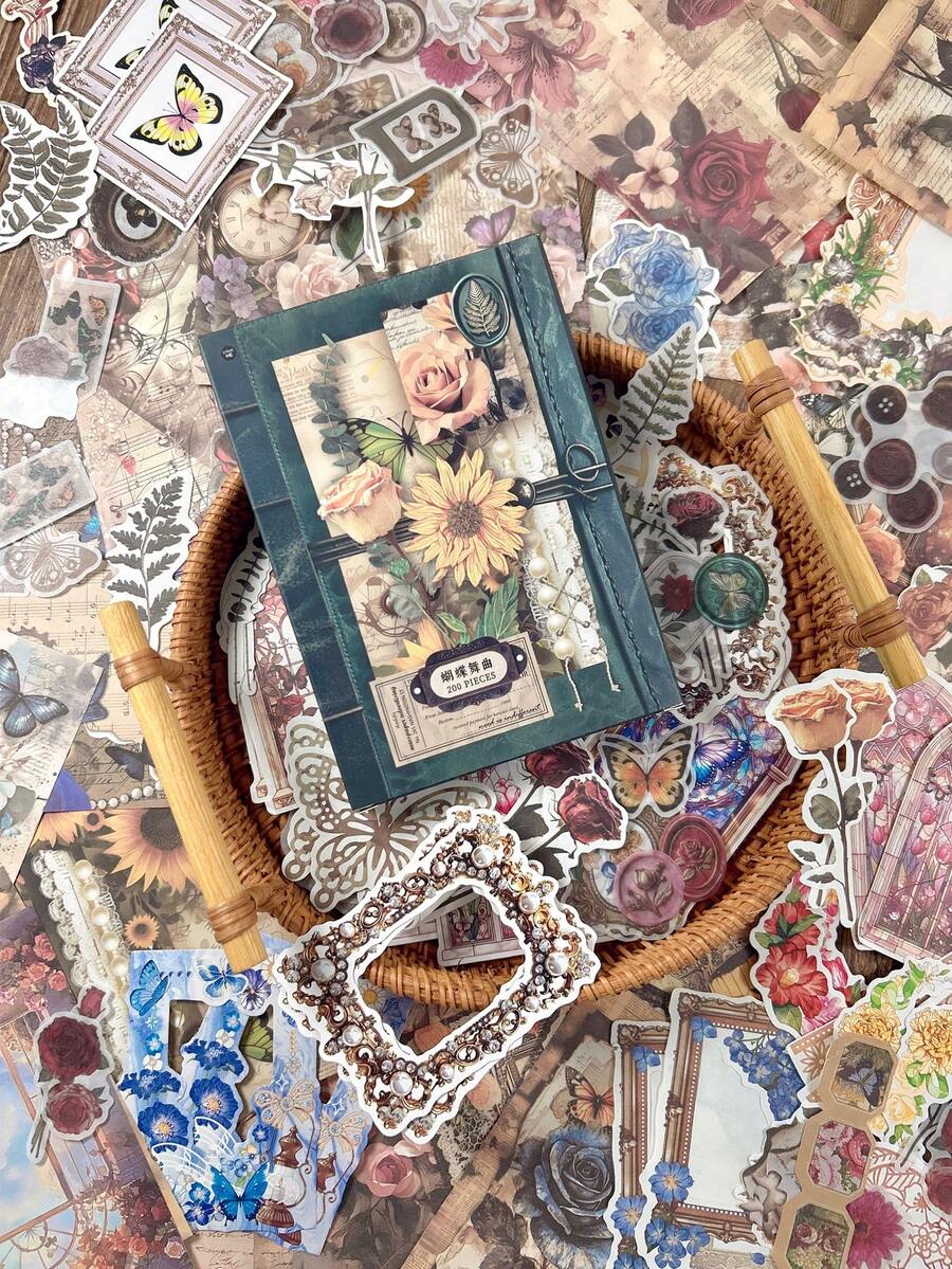 200pcs/Pack Vintage Plant Mixed Material Scrapbooking Stickers, Multifunctional DIY Decor, Planner, Scrapbook, Magazine