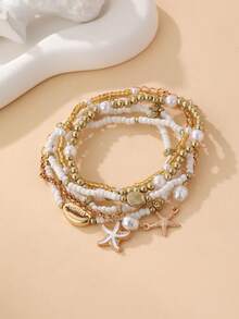 6件套女士串珠手链，饰以贝壳、海星等海洋元素，适合日常、海滩、度假佩戴，亦可作为礼物。 - 彩色 - 查看 2