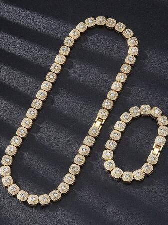 2 st/set herr hiphop rap-accessoarer, fyrkantiga diamanter, Iced Out, hel strass guld/silver halsband och armband, bröllopsfest bankett dagliga accessoarer