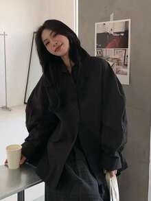 休闲百搭纯色宽松落肩女式衬衫，黑色，春季款 - 黑色 - 查看 3