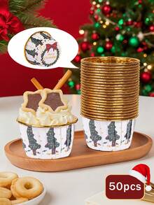 50pcs-Christmas Cake Paper Cups, Dessert Cup,Muffin Cups,Cupcake Cups For Bakery Paper Cups, Cupcake Cases, Waterproof And Oil Resistant Paper, Cake Molds,Desserts Table Baking Muffins, Chiffon, Mousse Cupcakes High Temperature Aluminum Foil Cupcake Cups Bread Oven Cake Trays Suitable,Christmas Theme Party