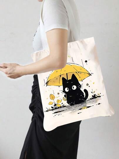 Bolsa de tela estampada con gato negro vintage y doble cara, bolsa de almacenamiento de animales, diseño de estilo bohemio y académico, regalo de otoño y acción de gracias, bolsa de la compra, adecuada para el hogar, compras, viajes, escuela, regalos, 16in*14in