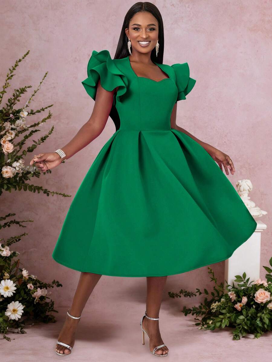 Women's Sweetheart Collar Ruffle Flare Hem Swing Party Dress With Cap Flared Sleeves