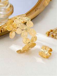2pcs/Set Floral Jewelry Set For Women, Fashionable Minimalist 4-Petal Flower Bangle & Ring, European And American Style Accessories