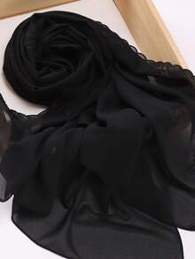 1pc Women's Solid Color Embroidered Lace Chiffon Muslim Hijab Scarf For Abaya