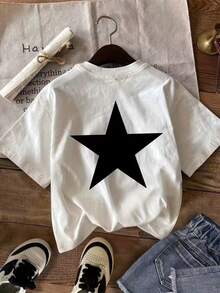 Mujer casual playera estilo casual con estampado gráfico estrella ajuste holgado cuello redondo manga corta primavera verano uso diario camiseta - Blanco - Ver 1
