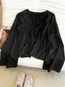 Selcouth Plus Size Women Solid Color Casual V-Neck Long Sleeve Tie Front Shirt, Floral Jacquard Textured Long Sleeve Fitted Top, Fall Outerwear Tops For Women - Black - View 3