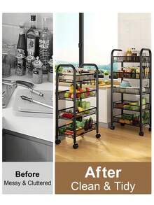 Storage Cart With Drain Basket, Mobile Shelving Unit Rolling Utility Cart, Rolling Cart, Rolling Pantry Organizers, Kitchen Organizer, Organization For Living Room, Bathroom, Kitchen Office, Black, Daily Essentials, 3/4/5 Tier - 黑色 - 查看 2