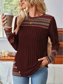 Women's Long Sleeve Crew Neck Ribbed Knit Top, Regular Fit, Button Detail, Unique Pattern Cuffs And Hem - Burgundy - View 3
