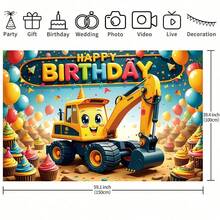 1 Excavator Happy Birthday Banner Background, Cute Cartoon Excavator Design, Excavator Theme Banner, Suitable For Birthday Party, Cake Table Decor, Photo Backdrop, Home Garden And Bedroom Decor, Birthday Party Supplies - Multicolor - View 6