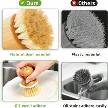 SUBEKYU Bamboo Dish Brush, Kitchen Dish Scrubber Brush With Soap Dispenser, Natural Wooden Dishwashing Brush For Cleaning Dishes_Pans_Pots, Built-In Scraper, Sisal Bristles,1 Set