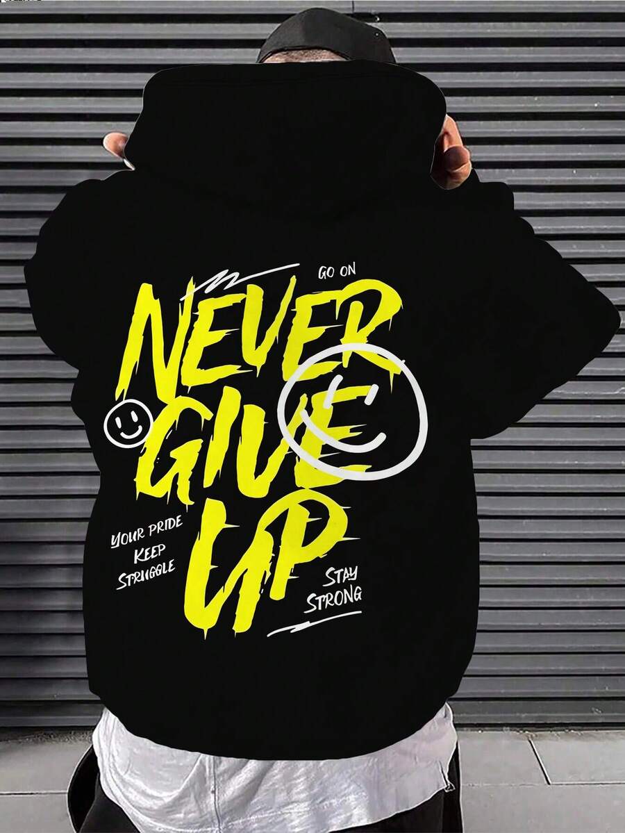 Sudadera con capucha de felpa con cordón, estampado de rostro sonriente "Nunca te rindas", para hombre, para invierno