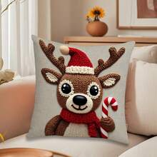 Fundas de cojín navideñas con diseño de muñeco de nieve, Papá Noel y reno. Decoración invernal para el hogar, ideal para fiestas navideñas. - caqui oscuro - Ver 5