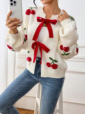 Cárdigan de mujer para otoño/invierno, suéter de punto suelto, elegante y dulce con patrón de cereza y lazo, de moda y versátil